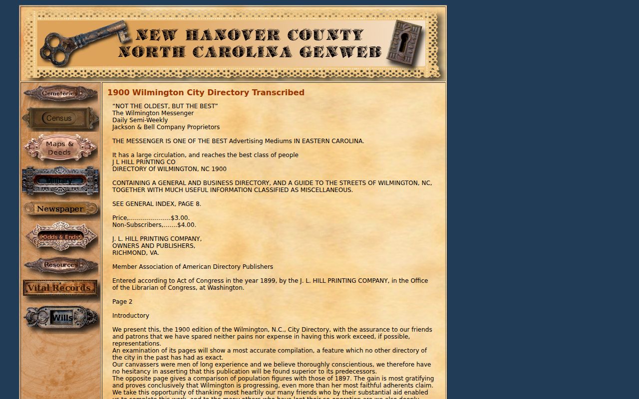 New Hanover residents directory historical Wilmington city directory