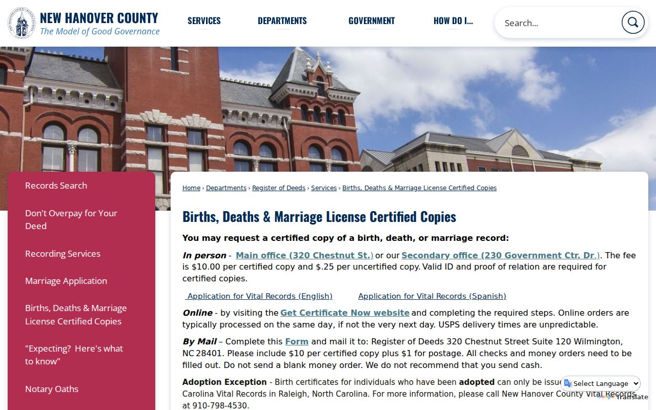 New Hanover resident lookup certified vital records copy information