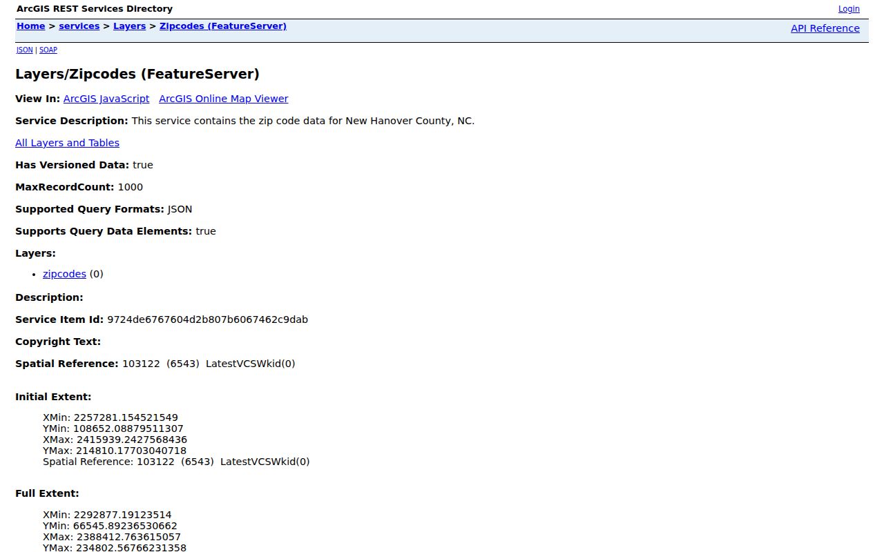 New Hanover ZIP code GIS service layer